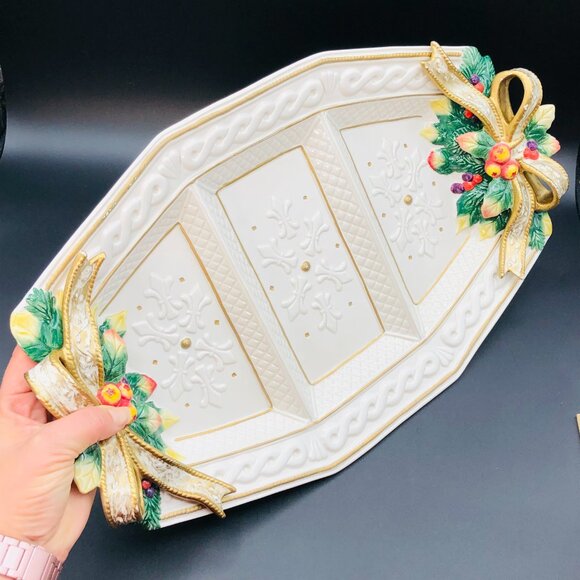 90s Fitz and Floyd Snowy Woods Hostess Serving Tray Christmas Divided Charger - Picture 7 of 11